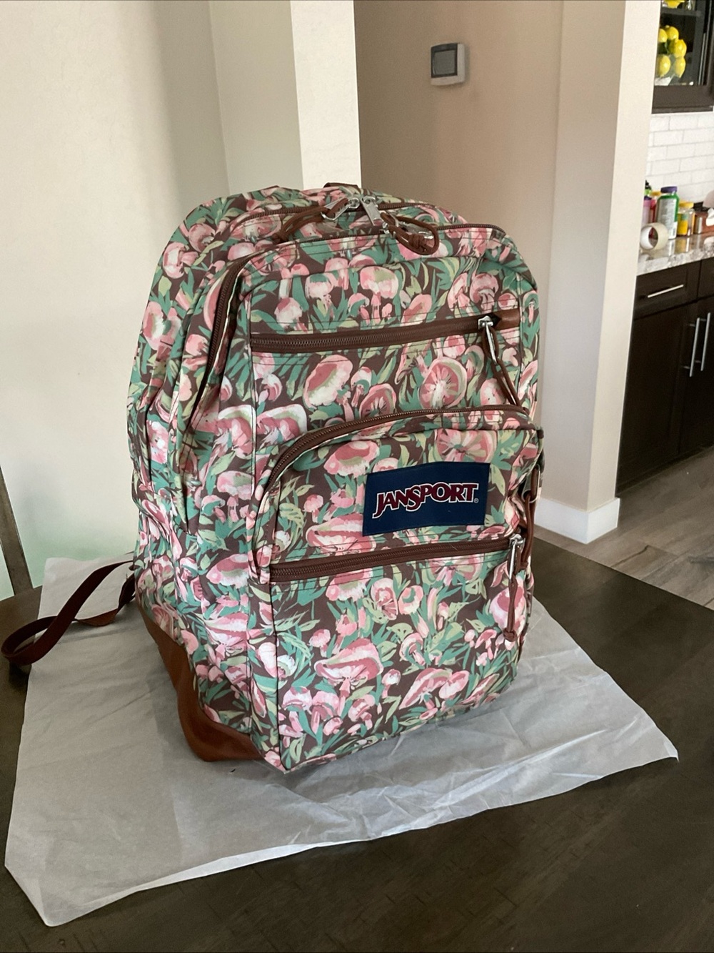 Jansport 17.5” Faux Leather Bottom Cool Student XL Backpack Painterly Mushroom